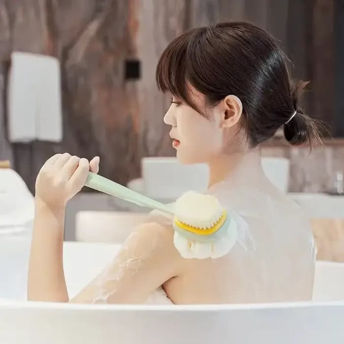 Brosse de douche exfoliante pour le dos avec long manche et éponge en maille douce pour femmes, pour le bain et le massage