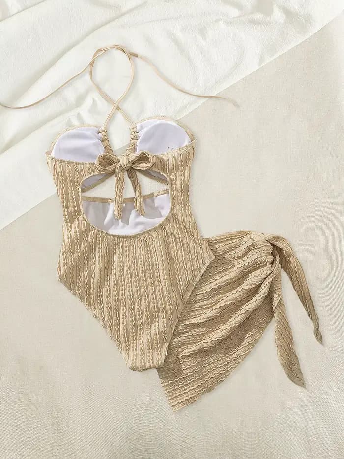 Vintage kaki une pièce maillot de bain maille jupe ensemble femmes licou croix évider mince maillots