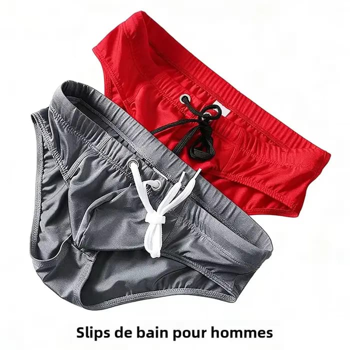 Slip de bain homme couleur unie taille basse avec cordon de serrage, séchage rapide, double couche, short de plage anti-embarras