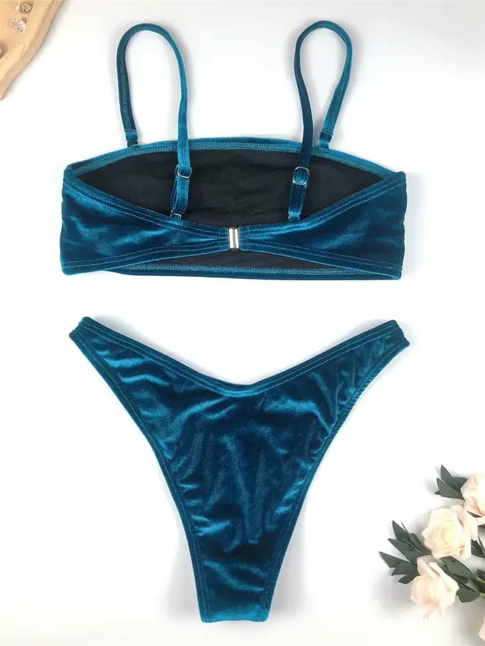 Vintage bleu Bikini velours maillot de bain femmes taille haute Bandeau Bikinis ensembles tenue de plage vacances maillots de bain maillot de bain