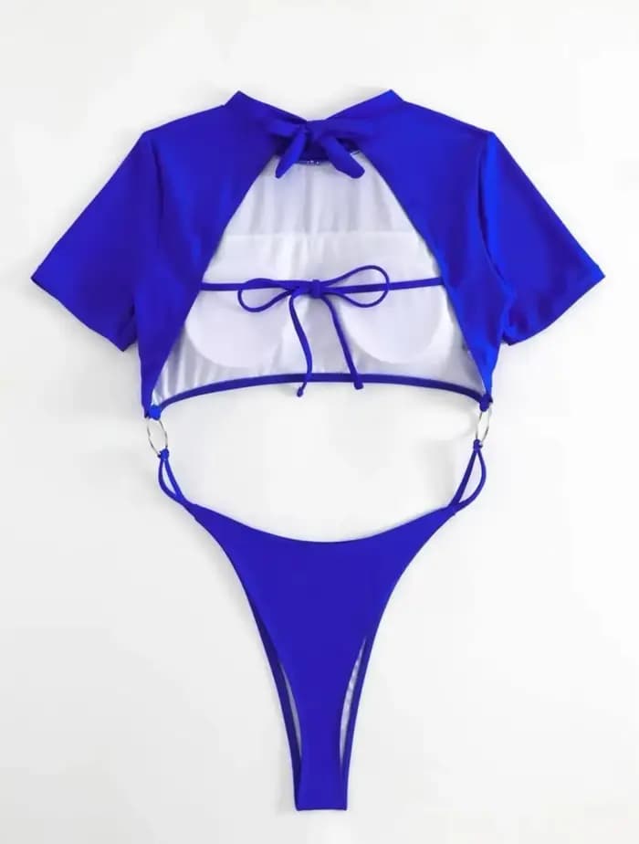 Maillot de bain bikini femme 2026 bleu à manches courtes