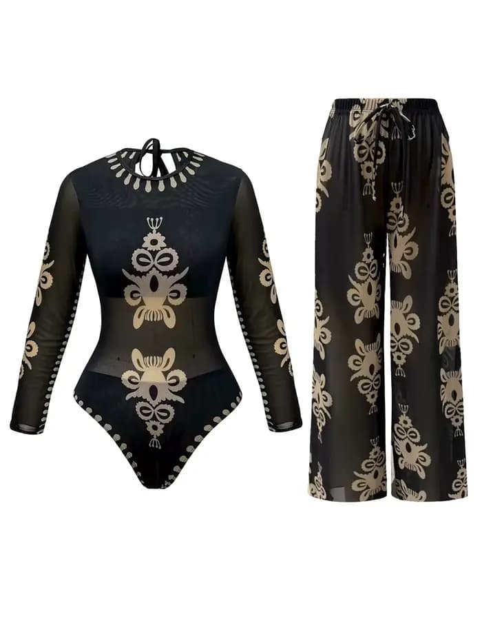 Maillot de bain sexy à manches longues transparent avec protection solaire