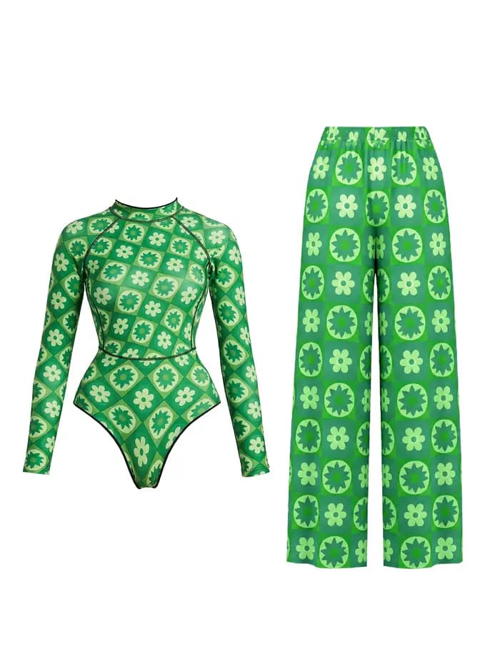 Maillot de bain imprimé à manches longues pour femmes, maillot de bain une pièce avec pantalon, costume de bain sexy pour femmes, vêtements de plage à la mode, tenues de piscine