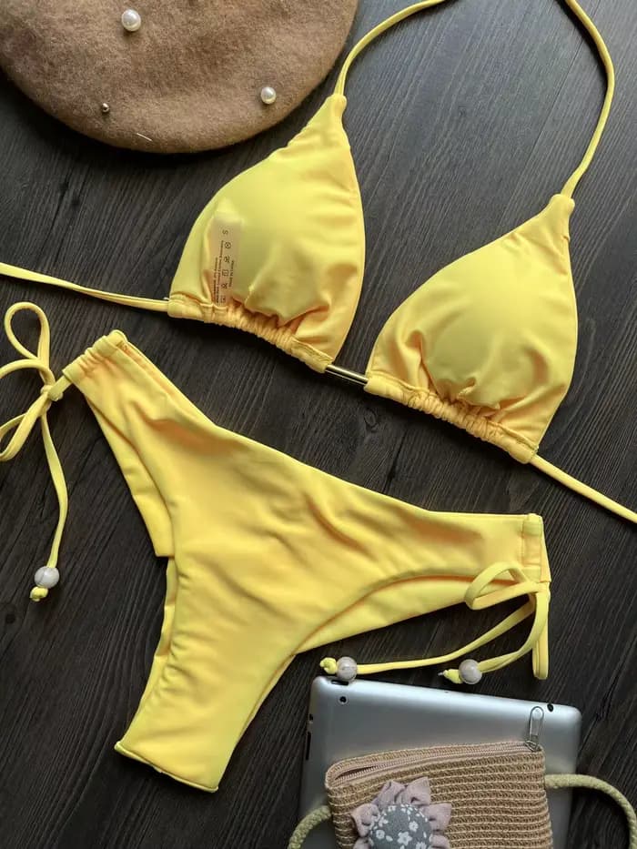 Sexy jaune Bikini ensemble 2025 femmes licou plissé Push Up soutien-gorge taille haute maillot de bain brésilien plage