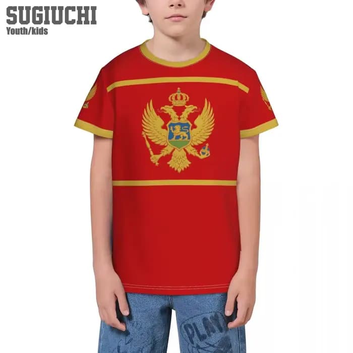 T-shirts 3D avec emblème du drapeau du Monténégro, nom personnalisé, pour enfants, jeunes garçons/filles, cadeau pour les fans de football