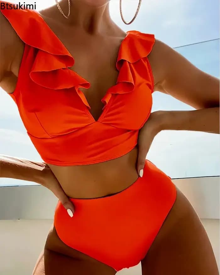 2026 femmes Sexy taille haute maillot de bain à volants Bikinis Push Up Bikinis ensemble été plage porter maillot de bain femme maillots de bain unis