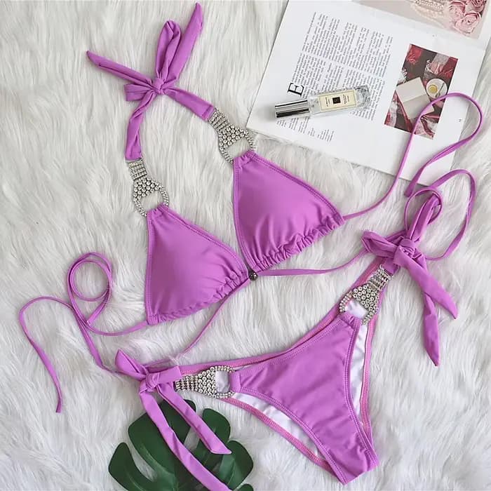 Maillot de bain vert néon pour femmes, bikini dos nu diamant, ensemble deux pièces, culotte taille basse, string, triangle, micro