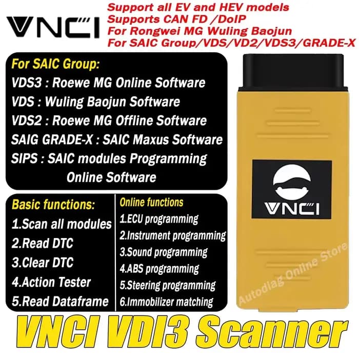 Scanner VNCI VDI3 pour Rongwei MG Wuling Baojun, compatible avec les protocoles DoIP, CANFD et OBDII, outil de diagnostic pour SAIC Group/VDS/VD2/VDS3/GRADE-X VDI3