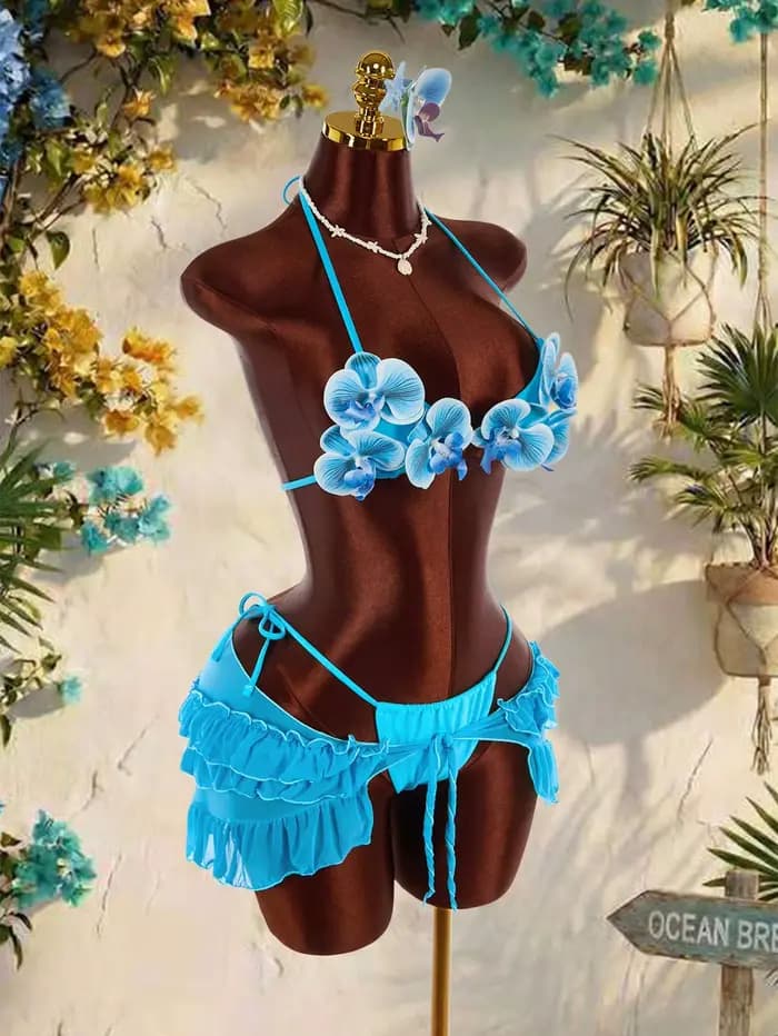 Ensemble de bikinis vintage bleu à fleurs 3D pour femmes, maillot de bain 3 pièces avec jupe en maille à volants, soutien-gorge push-up sexy, tenue de bain de vacances 2026