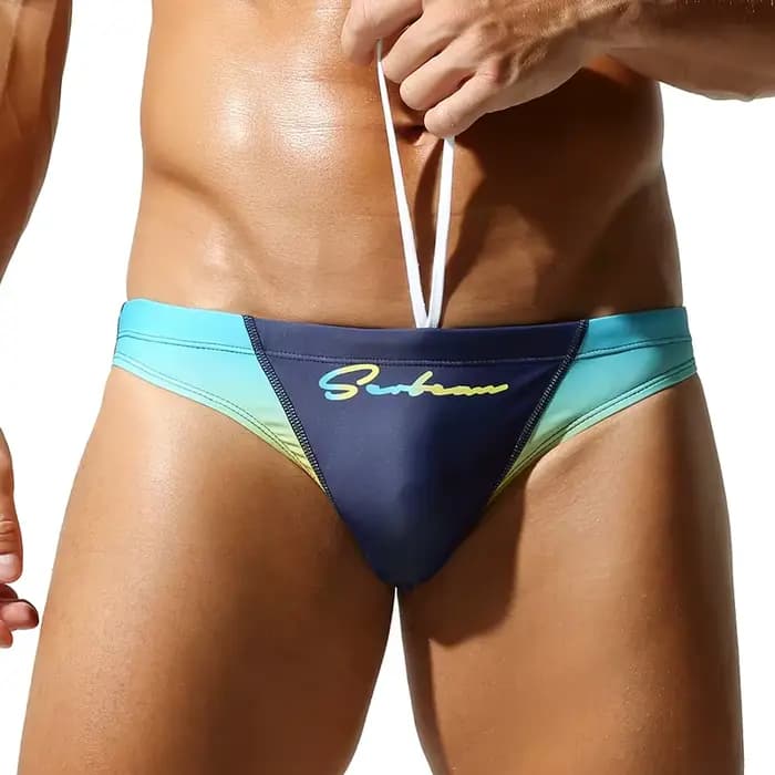 Slips de bain triangle taille basse pour hommes, maillot de bain à cordon de serrage imprimé dégradé, maillots de bain à séchage rapide pour la plage, la piscine et l'été