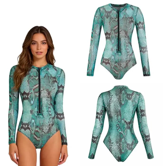 Maillot de bain une pièce à manches longues imprimé serpent turquoise, fermeture éclair sur le devant, coupe haute, monokini pour femme, idéal pour le surf estival
