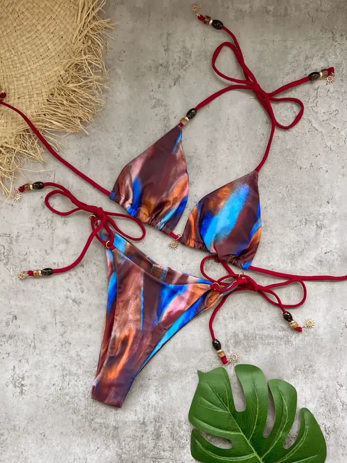Maillot de bain bikini sexy pour femme, orné de perles, à lacets, taille basse, tendance, vêtements de plage