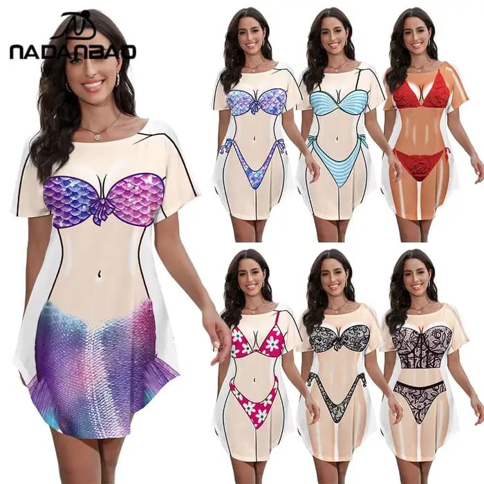 Nadanbao femmes sirène Bikini corps Pattrn T-shirt robe été Bikini couvrir robe à manches courtes Baggy chemises maillot de bain tendance