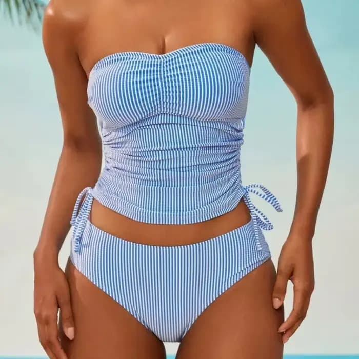 Maillot de bain Tankini tendance, ensemble deux pièces à rayures bleues, avec bas taille haute et haut de protection contre les éruptions cutanées, été, 2025