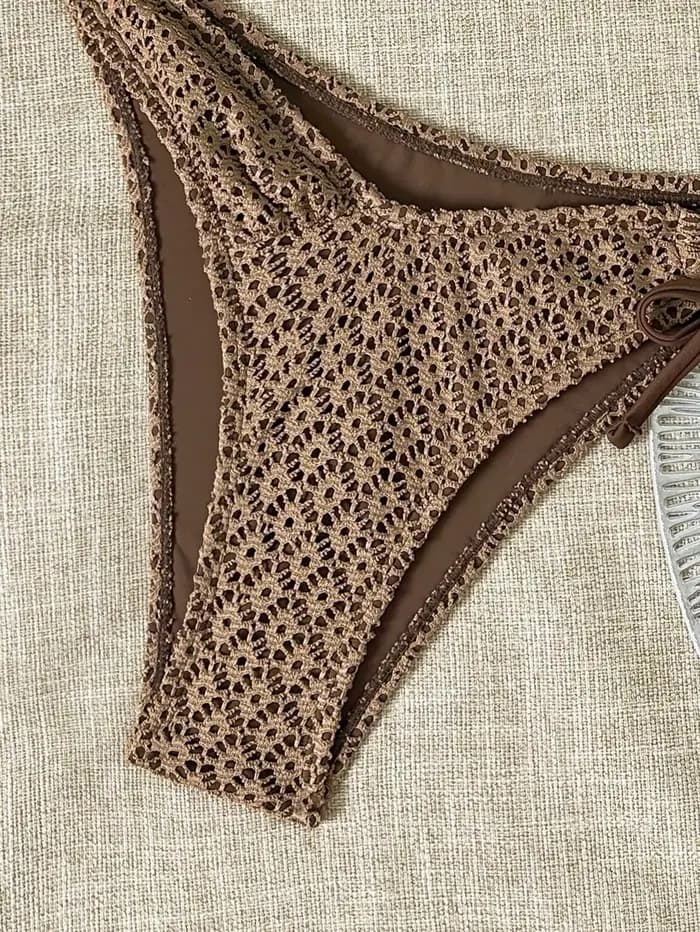 Ensemble bikini bandeau sexy pour femme, marron, avec chaîne métallique, soutien-gorge push-up et string à cordon, maillot de bain micro été 2026
