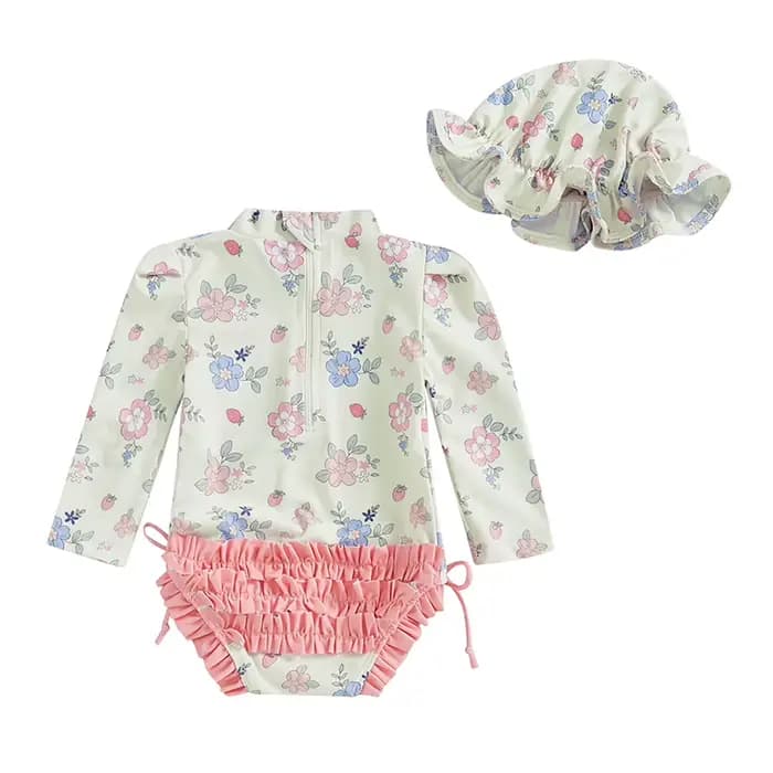 Maillot de bain pour nouveau-né fille, imprimé floral/coquillage, manches longues, col montant, imbibé d'un chapeau, protection contre les éruptions cutanées