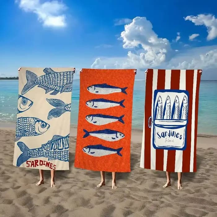 Serviette de plage grande taille motif sardines, serviette de bain vintage à poissons, séchage rapide, anti-sable, pour piscine, couverture de voyage, vacances d'été