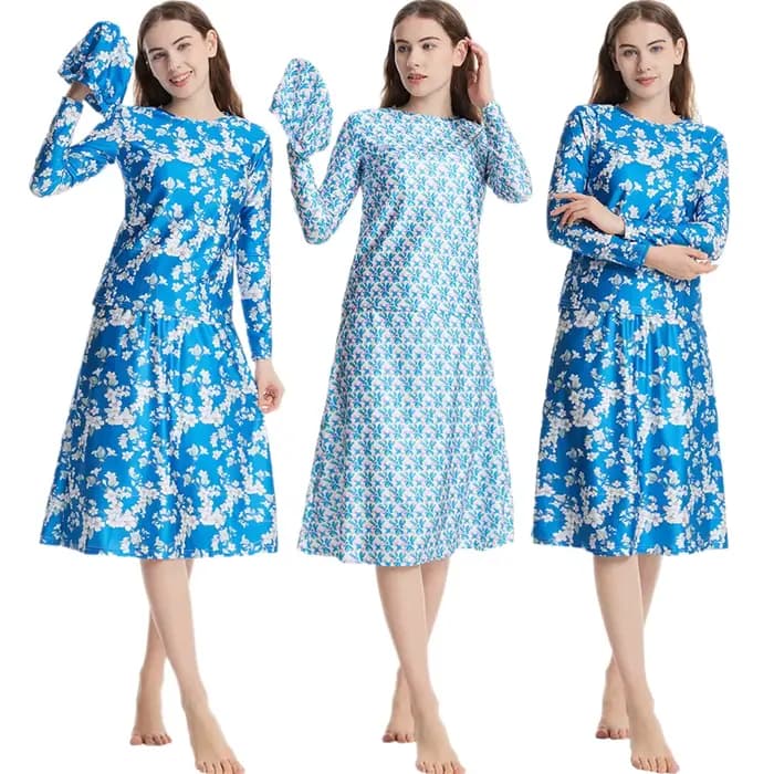 Maillot de bain 3 pièces imprimé musulman, modeste, burkini, islamique, bikini, couverture complète, arabe, manches longues, haut, jupe, ensemble