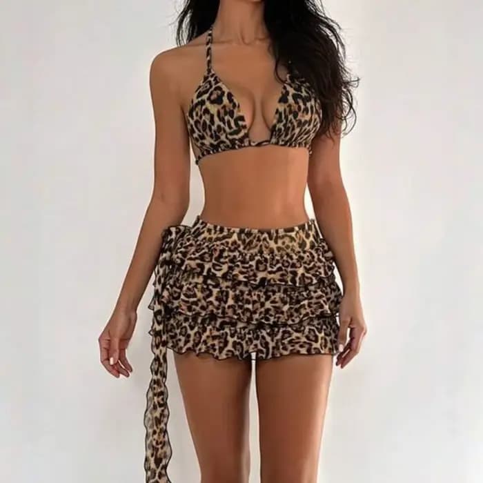 Ensemble Bikini 3 pièces imprimé léopard pour femmes