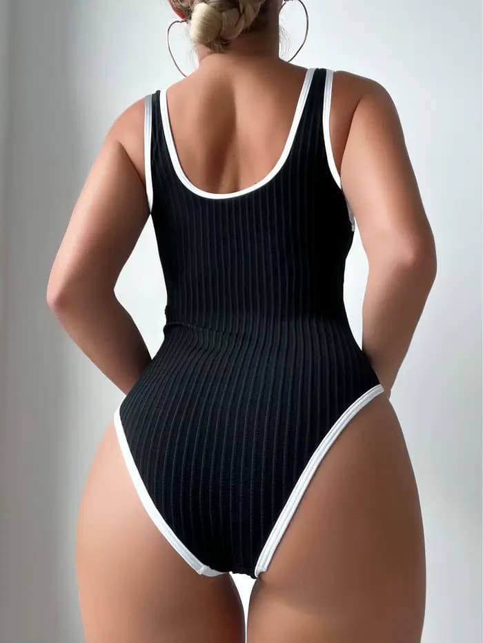 Maillot de bain une pièce côtelé texturé à bretelles larges et bordure contrastante, décolleté en U, coupe haute, pour femme, été, plage