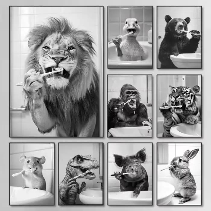 Affiche de salle de bains amusante en noir et blanc, peinture sur toile d'animal de Style Vintage, tableau d'art mural imprimé pour la décoration de la maison