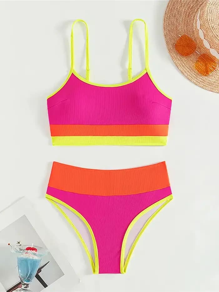 Ensemble bikini côtelé taille haute pour femme – Maillot de bain deux pièces coupe
