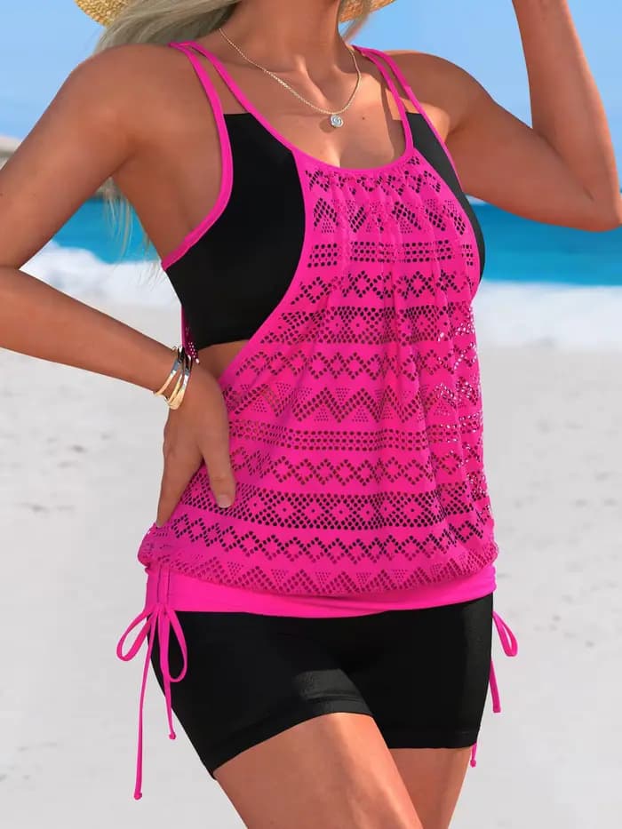 Rose vif Patchwork deux pièces maillot de bain femmes cordon côté débardeur taille haute court Tankini plage