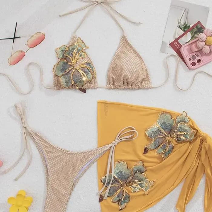 Applique taille basse Sexy 3 pièces ensemble de Bikini-maillot de bain de vacances à la plage pour femmes modeste