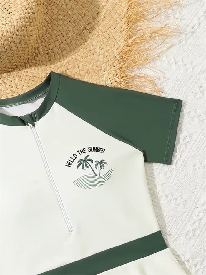 Enfants maillot de bain filles 2026 nouveau solide manches courtes robe longue fermeture éclair maillots