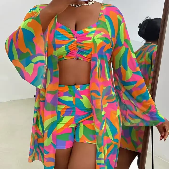 Maillot de bain grande taille 2026 pour femme, bikini taille haute et kimono, ensemble 3 pièces, pour la baignade, 4XL