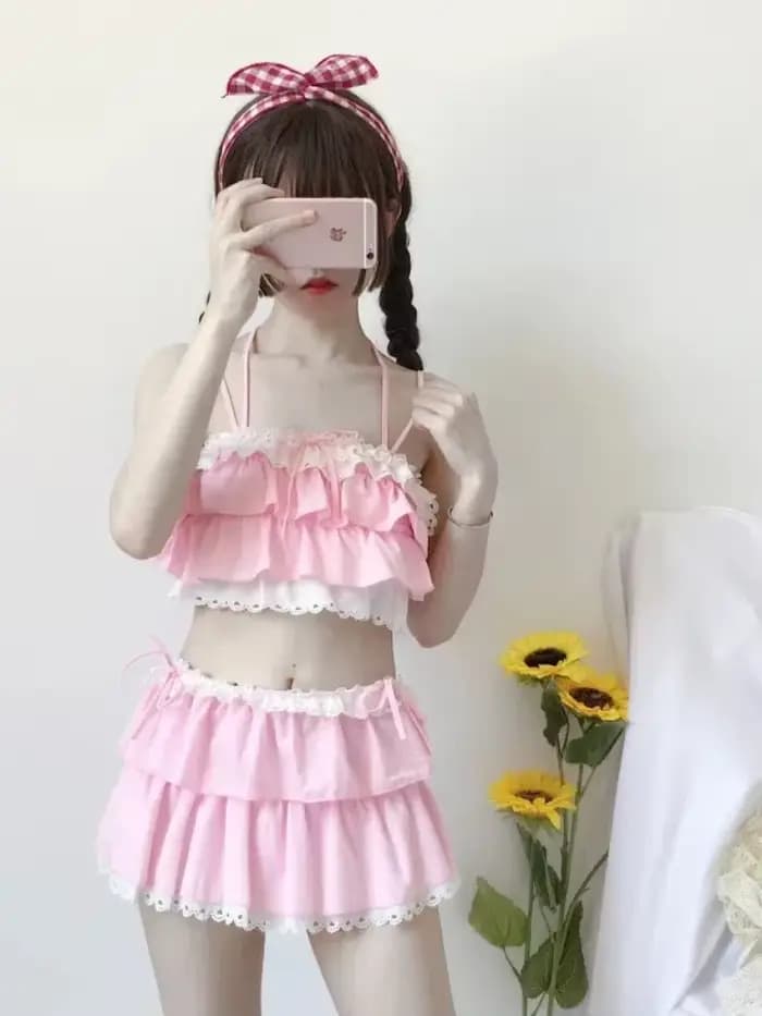 Mignon filles Lolita à volants Bikini Sukumizu Cosplay couleur rose et noir maillot de bain évidé multicouche ourlet Biquini femmes maillots de bain