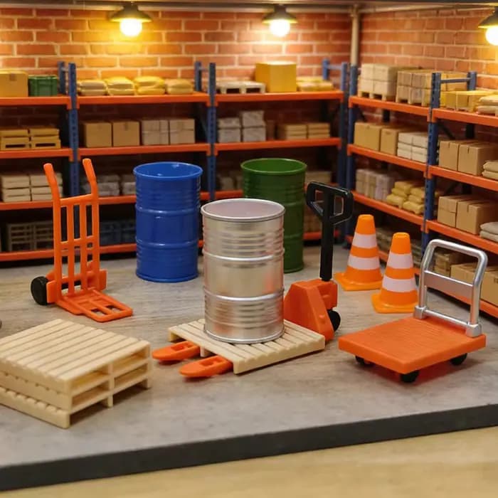 12 accessoires miniatures pour scènes logistiques : mini-chariot à main / chariot élévateur / baril d'huile / palette en bois / cône de signalisation.