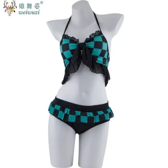 Costume de Cosplay Nezuko Shinobu pour femmes adultes, Anime japonais, Bikini, plage, Halloween, ensemble de maillot de bain fendu, doux et mignon