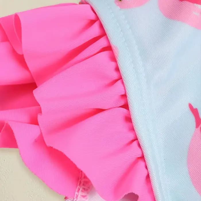 Maillot de bain flamant rose pour filles, asymétrique épaule dénudée, à volants, imprimé bleu clair, pour plage, piscine, vacances, tenue pour tout-petits