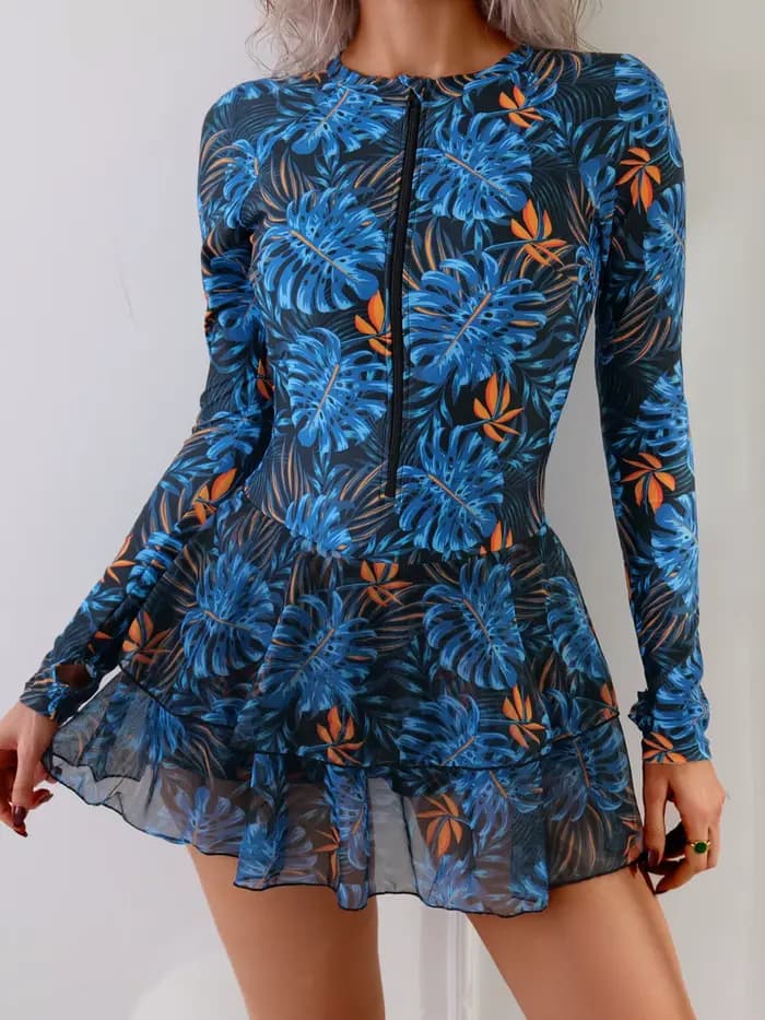 Maillot de bain une pièce imprimé feuilles, manches longues, fermeture éclair, jupe, vêtements de plage, nouvelle collection, 2025