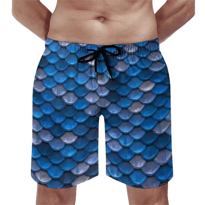 Short de planche imprimé sirènes pour homme, maillot de bain, bleu, écailles de poisson, trench court, grande taille