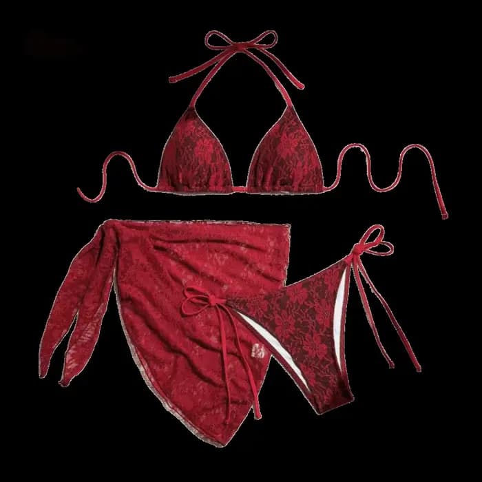 Ensemble de bikini brésilien sexy décontracté à bretelles, jupe de plage en maille, maillot de bain trois pièces en nylon, bikinis en dentelle rouge pour l'été
