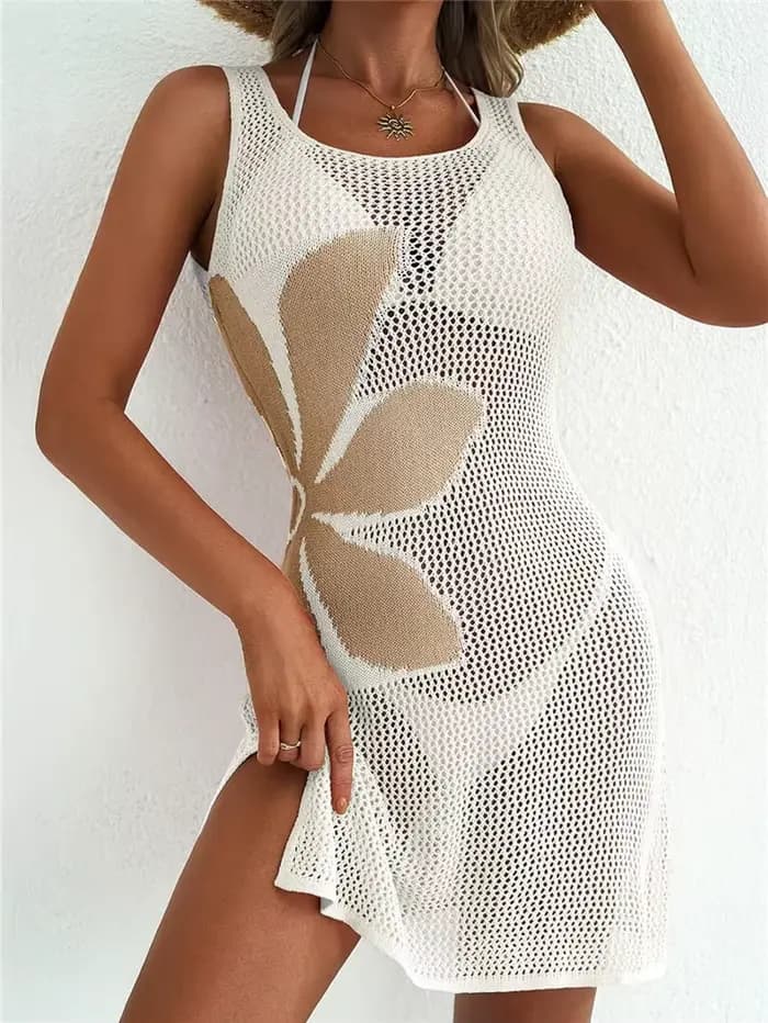 Robe de plage pour femme, col rond, sans manches, motif floral, crochet ajouré, pour l'été et les vacances