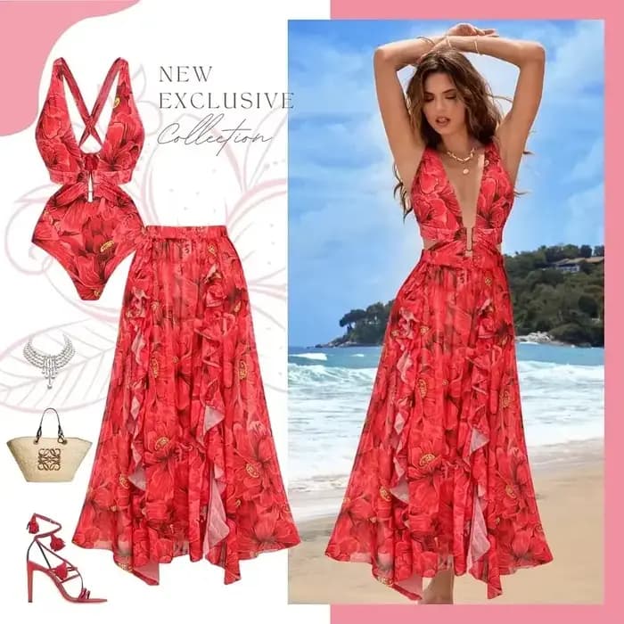 Ensemble de maillot de bain deux pièces imprimé fleuri fleur rouge fleuri vacances ensemble une pièce maillots de bain maillot de bain Bikini Resort vêtements de vacances