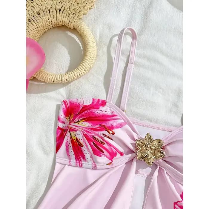 Maillot de bain à fleurs taille haute pour filles de 7 à 16 ans, maillot de bain d'été pour enfants, imprimé Biquini, ensemble de bikini rose pour adolescentes