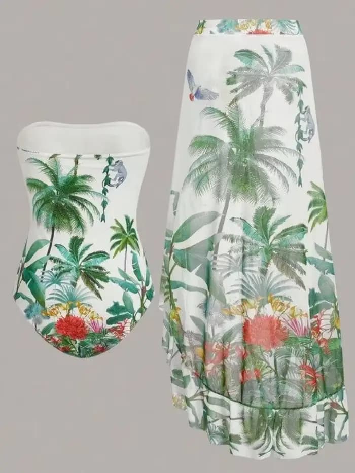 Maillot de bain une pièce imprimé Jungle tropicale, ensemble avec jupe portefeuille, pour femmes et Cover-Up, jupe d'été, 2026
