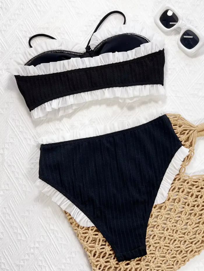 Volant froissé Bandeau Bikini ensemble blanc noir contraste couleur femmes maillots de bain femme maillot