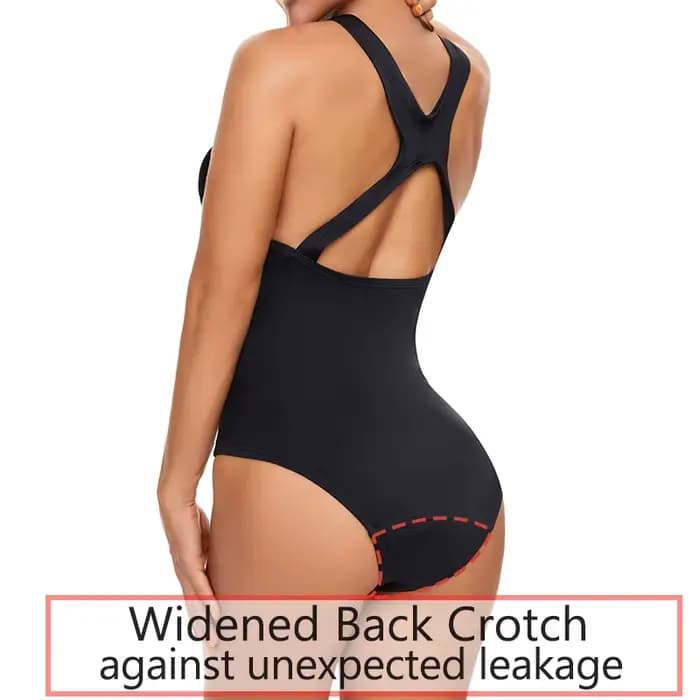 Maillot de bain menstruel une pièce, 4 couches, anti-fuites, absorbant, adapté aux post-partum et aux incontinences menstruelles.