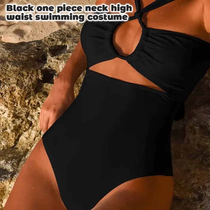 Maillot de bain une pièce noir, taille haute, dos nu, col frontal, pour femmes
