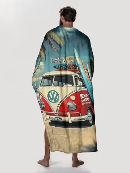 Serviette de plage imprimée vintage VW Bus & Planche de surf - Serviette de bain douce et absorbante pour la famille et les voyages, design d'été rétro pour les vibrations amusantes