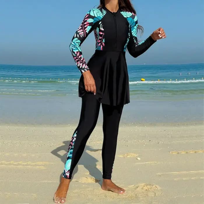 Burkini Femme Maillot de Bain Manches Longues Tunique Noire Legging Complet Fermeture Éclair Avant Protection Solaire Deux Pièces