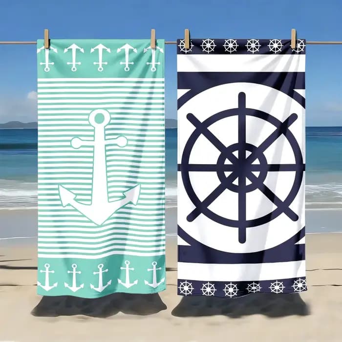 2 serviettes de plage à séchage rapide, motif ancre nautique et roue de bateau, serviettes de bain surdimensionnées sur le thème côtier pour les vacances d'été