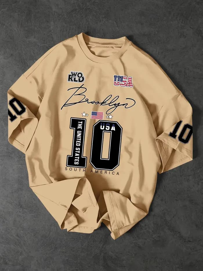 T-shirt surdimensionné à imprimé style Brooklyn USA 10, streetwear pour hommes, tee-shirt vintage en jersey