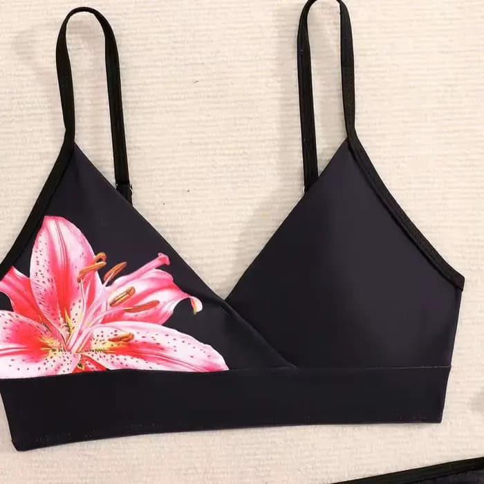Maillots de bain pour adolescentes, ensembles de bikinis à taille haute à imprimé floral noir d'été avec des cache-maillots de plage, maillots de bain pour filles