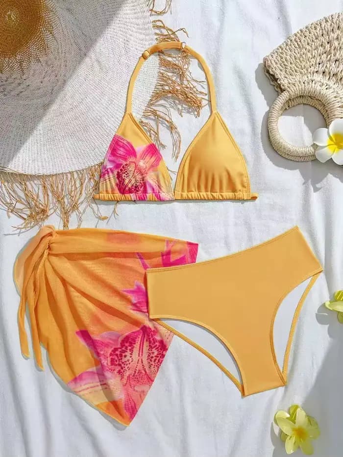 Maillot de bain halter 3 pièces imprimé pour filles 2026 – Bikinis et tenues
